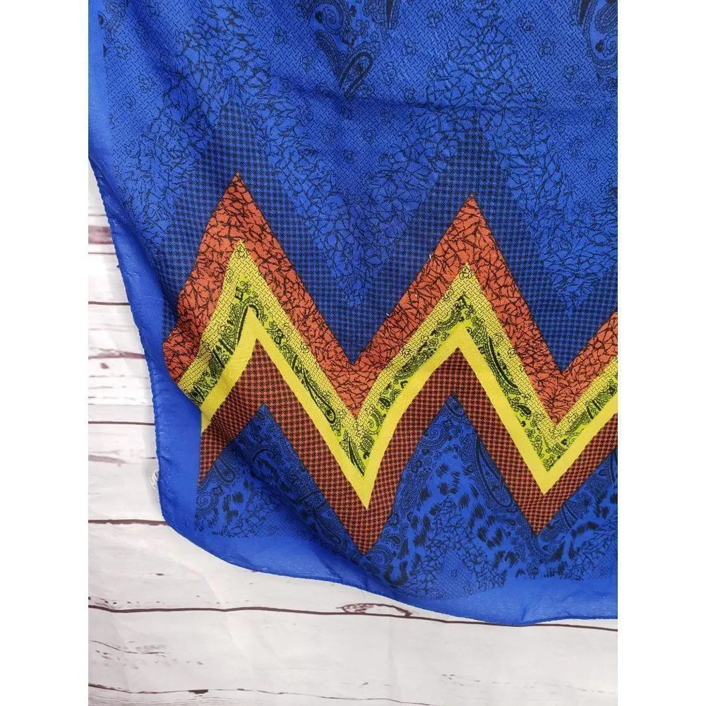 Boho blue zigzag multiple colored paisley print made‎ in Italy scarf wrap